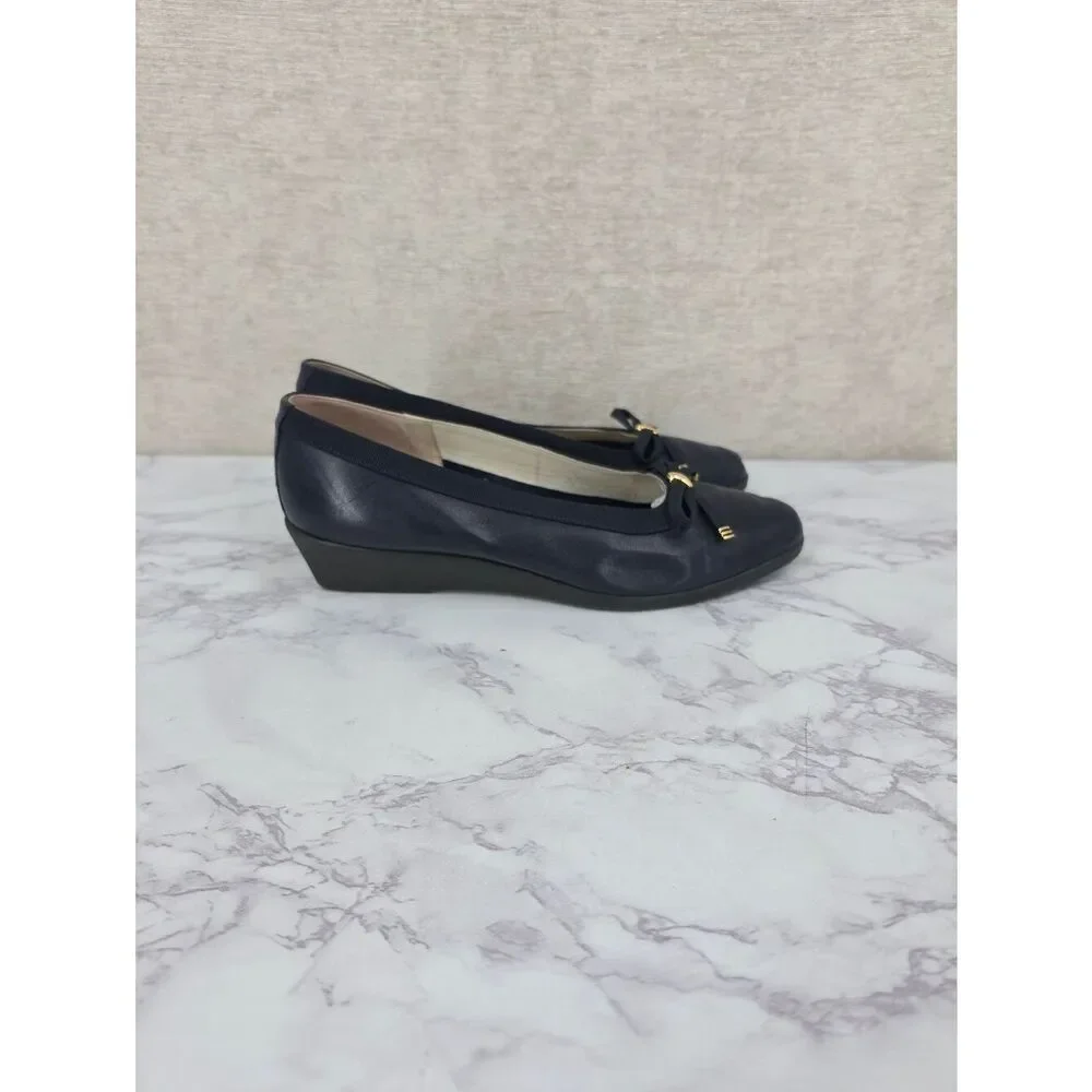 Bally Belle Leather Navy Blue Gold Tone Bow-Accent Women's Low Wedge Ballet Flat - Picture 2 of 14